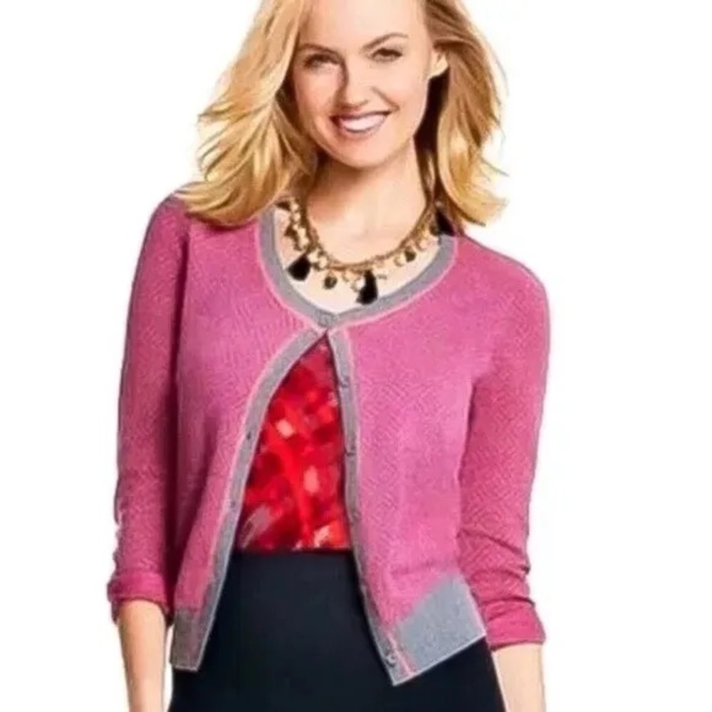 CAbi Meg Cardigan Sweater Berry Gray Diamond Print Women’s Medium #3013 NWOT‎